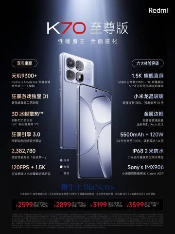 小米Redmi K70至尊版手机正式发布，售价2599元起 